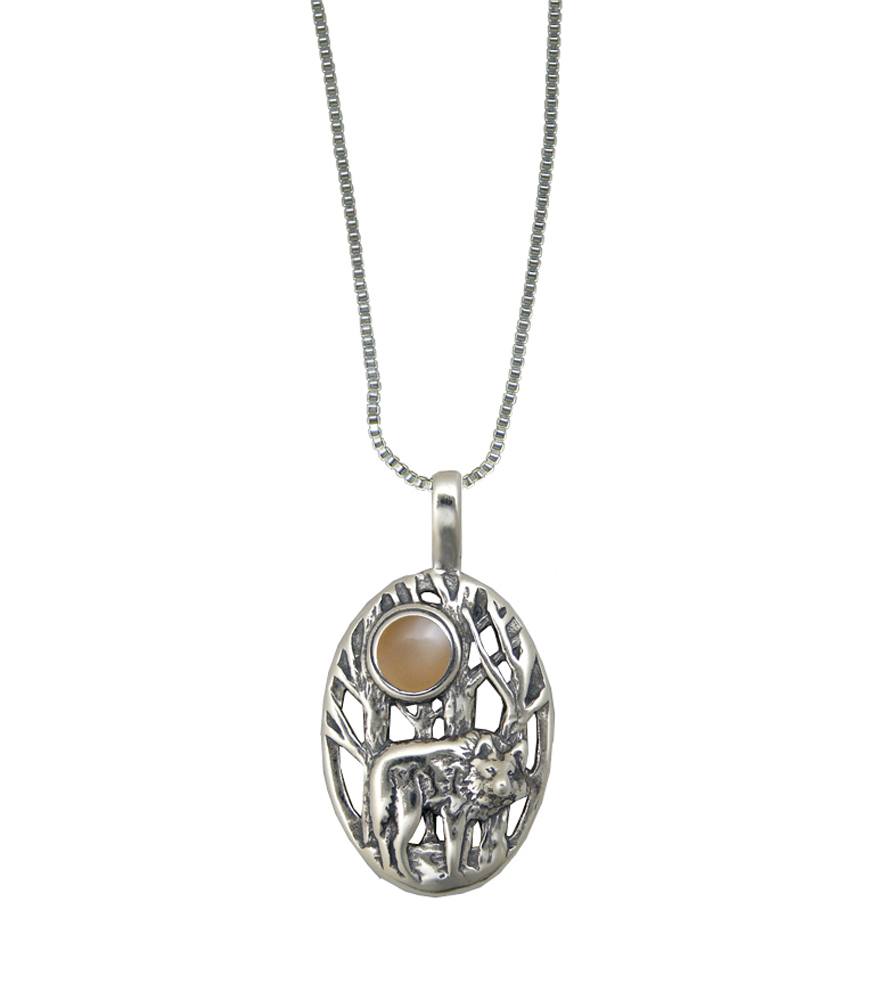 Sterling Silver Winter Wolf Pendant With Peach Moonstone